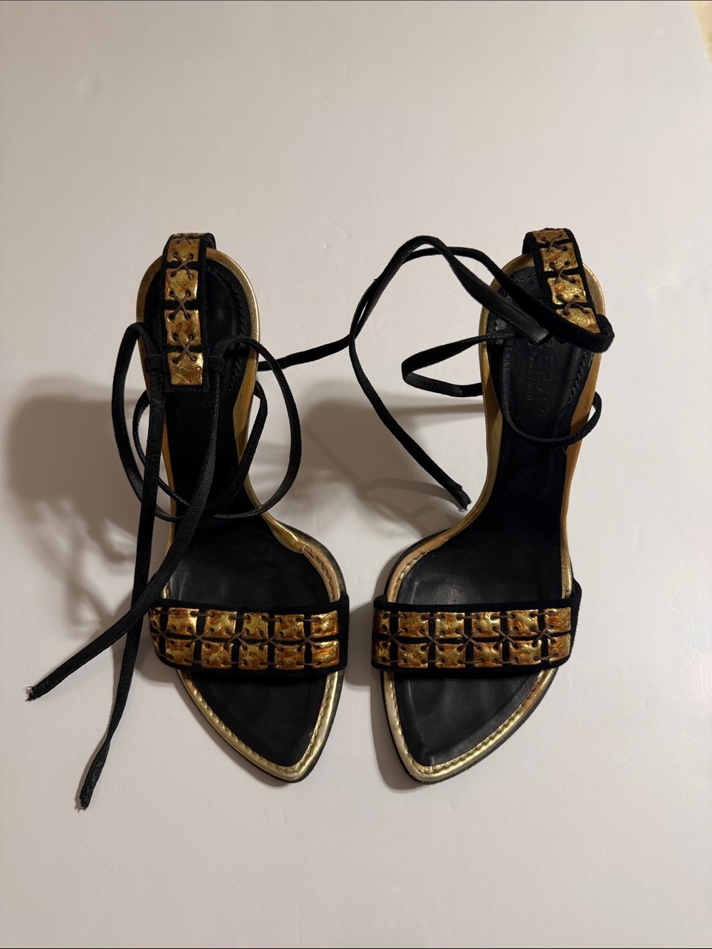 Dibrera by Pablo Zanoli Heels Sandals Black and Gold, Heel Mahogany Color Italy